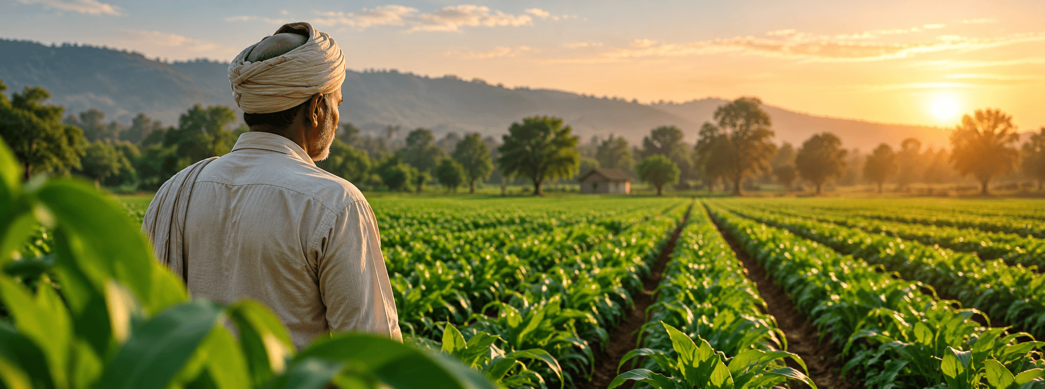 Indian farmer looking over a crop field at sunrise