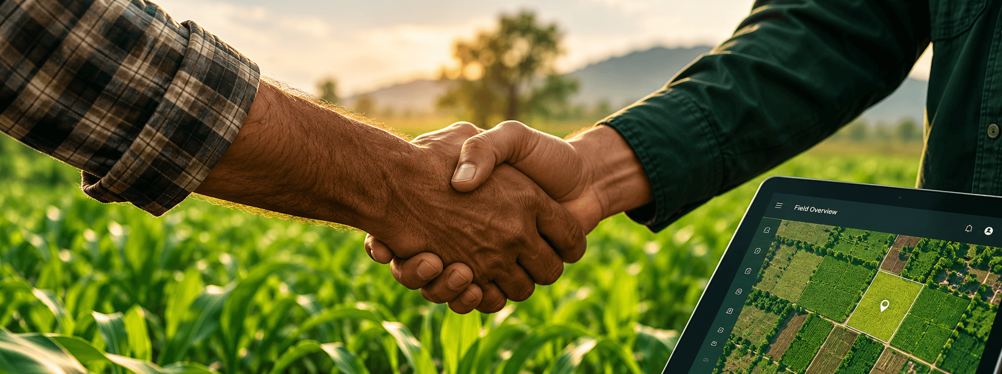 Farmer and partner shaking hands in a crop field, with a field map on a tablet