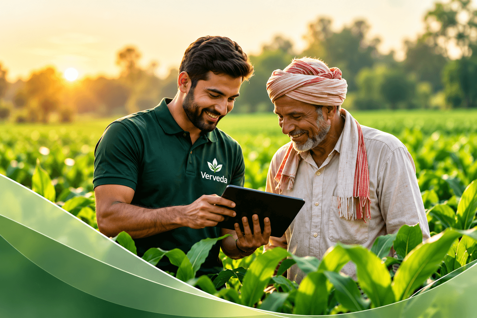 Verveda advisor and farmer reviewing farm data on a tablet