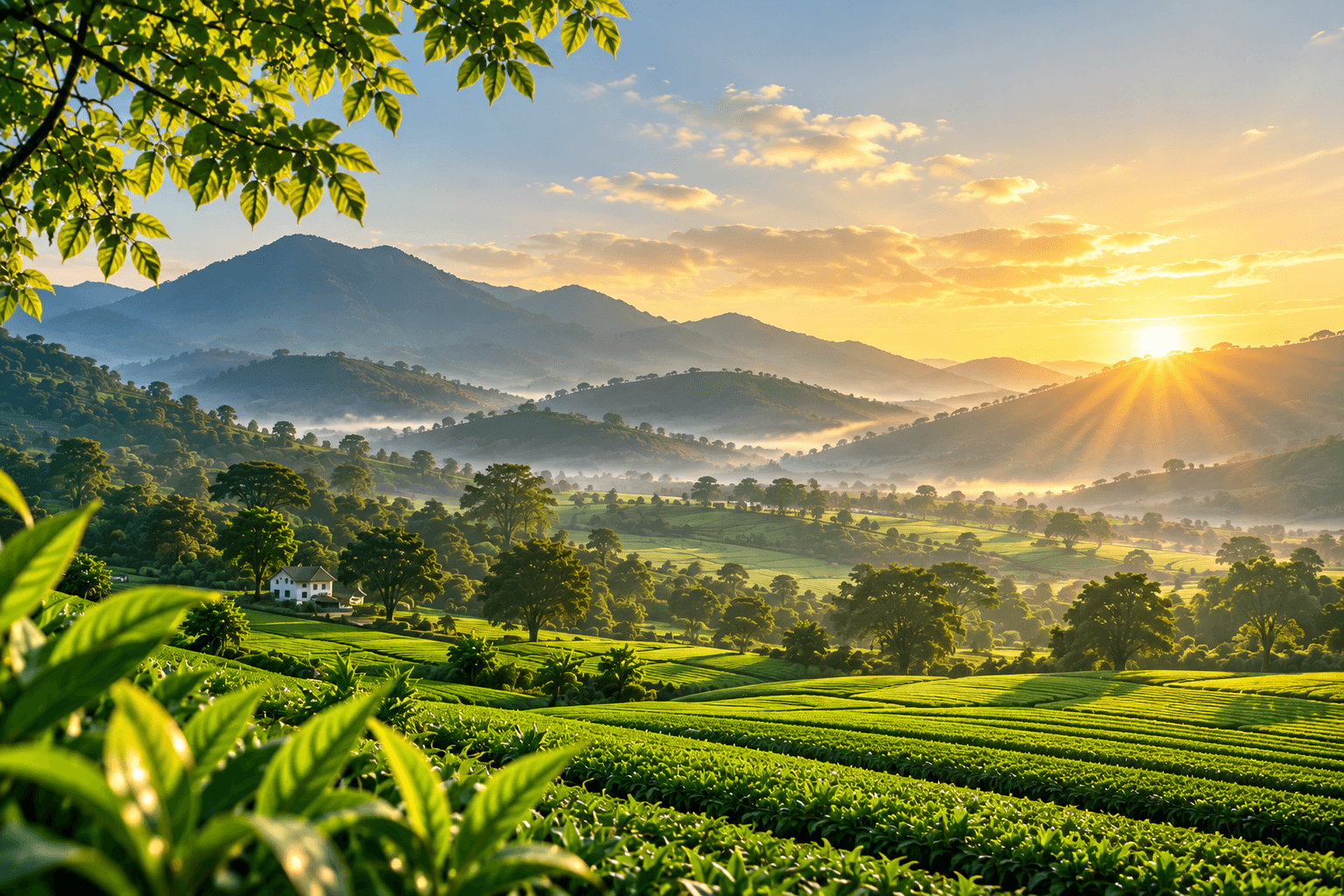 Indian agricultural landscape at sunrise