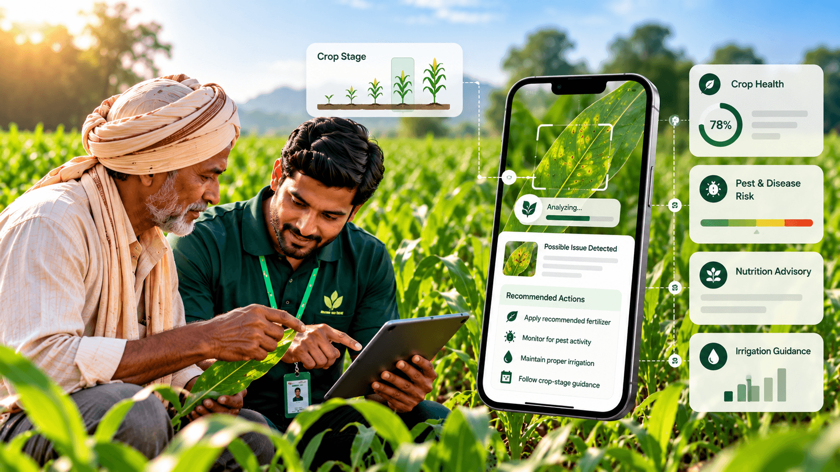 Agronomist and farmer reviewing crop-stage advisory and crop health insights
