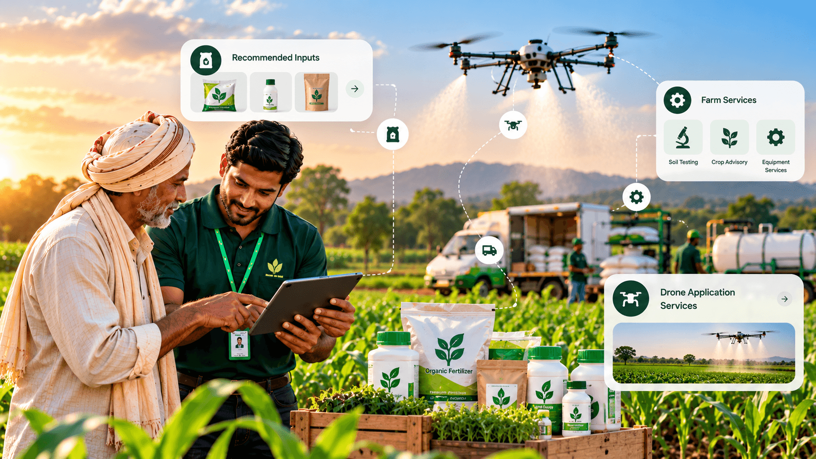 Farmer and advisor choosing recommended inputs, farm services and drone application