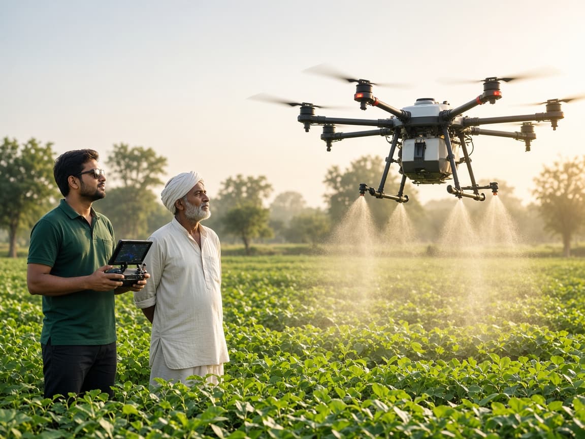 Drone operator and farmer controlling a precision agricultural spraying drone over a green field