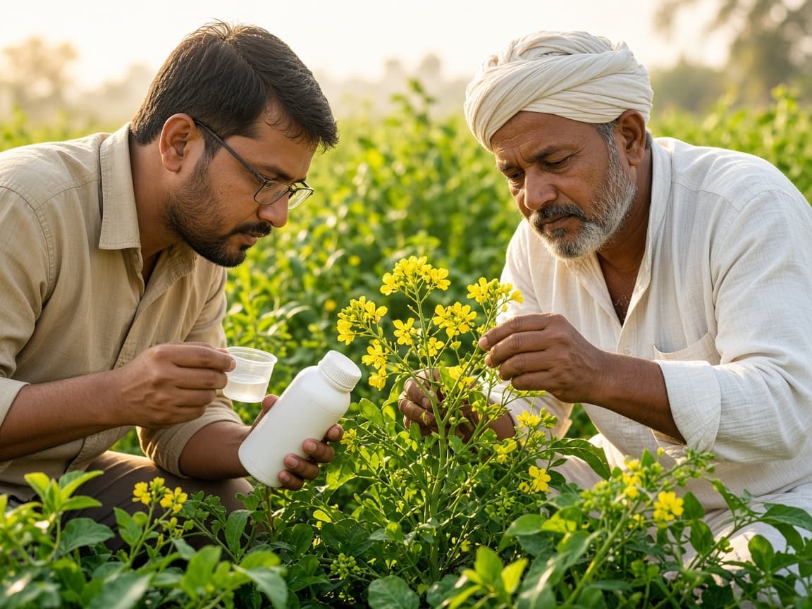 Agronomist and farmer inspecting flowering crops with a plant growth regulator dosage guide