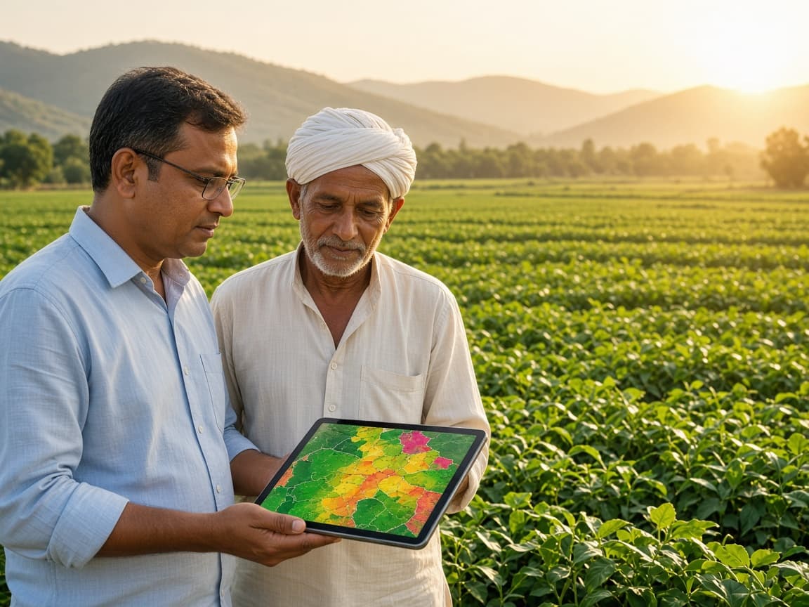 Agronomist and farmer reviewing a satellite vegetation heatmap of mapped field plots on a tablet